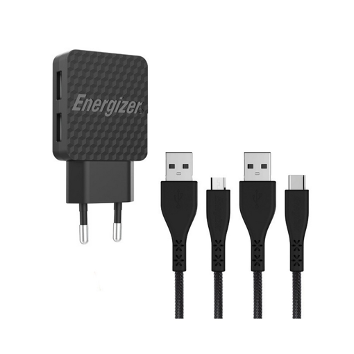 Universal φορτιστής με 2 εξόδους USB 2.4A και με 2 καλώδια USB A - Micro USB και USB-C